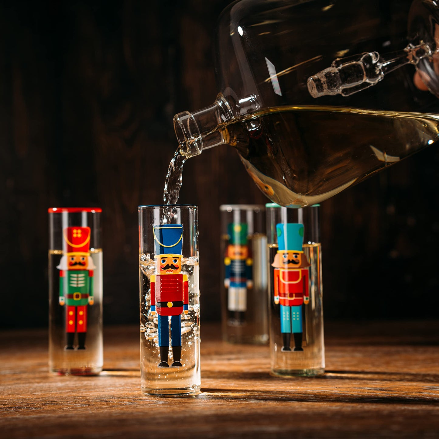 Nutcracker Decanter & Glasses, Set of 5 - Glassware Nutcrackers Theme & Shot Glass, Wine & Spirits - 40oz Bottle & 2oz - Holiday Spirit & Cheer Decor, Festive Themed Winter, Xmas Decorations