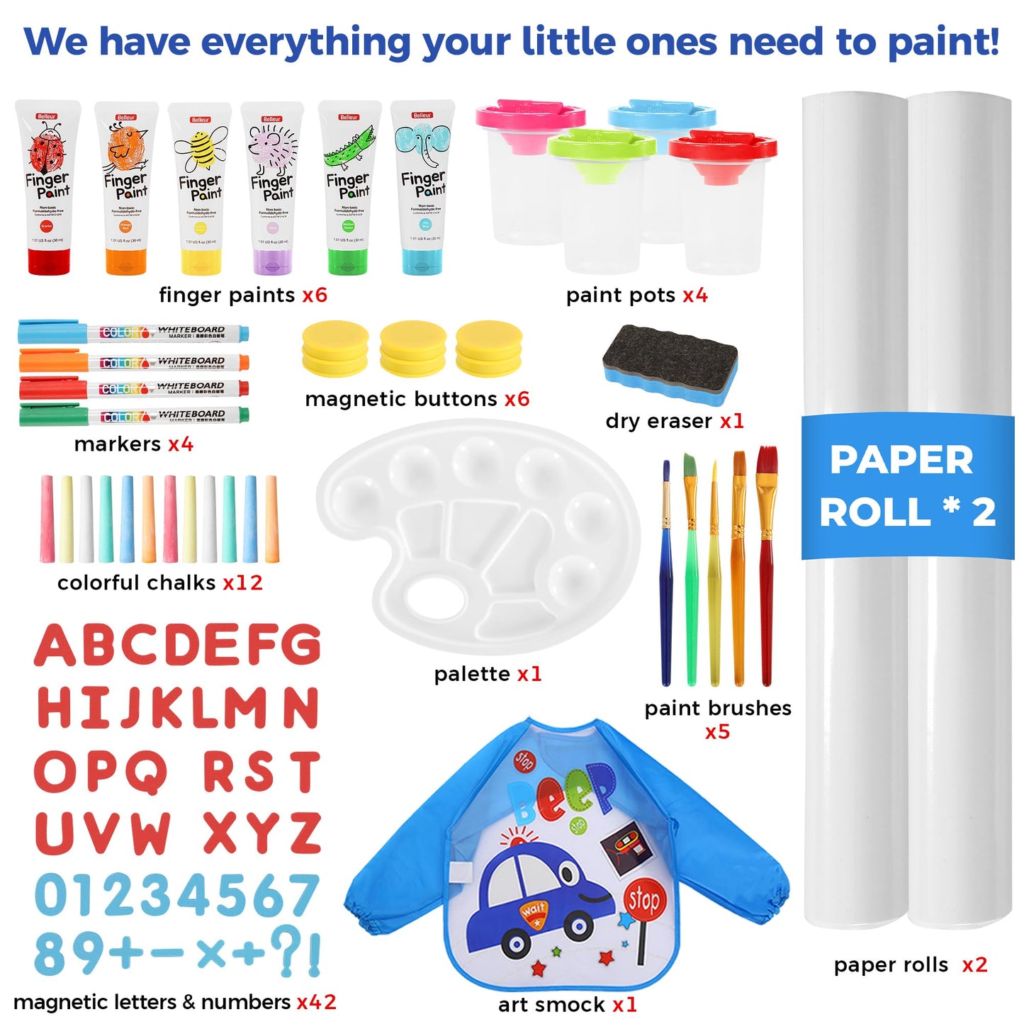 Belleur All-in-One Art Easel for Kids, Adjustable Double Sided Wooden Easel for Toddlers with Magnetic Whiteboard & Chalkboard, Paper Roll, Art Supplies, Child Painting Easel for Kid 2-8 Birthday Gift