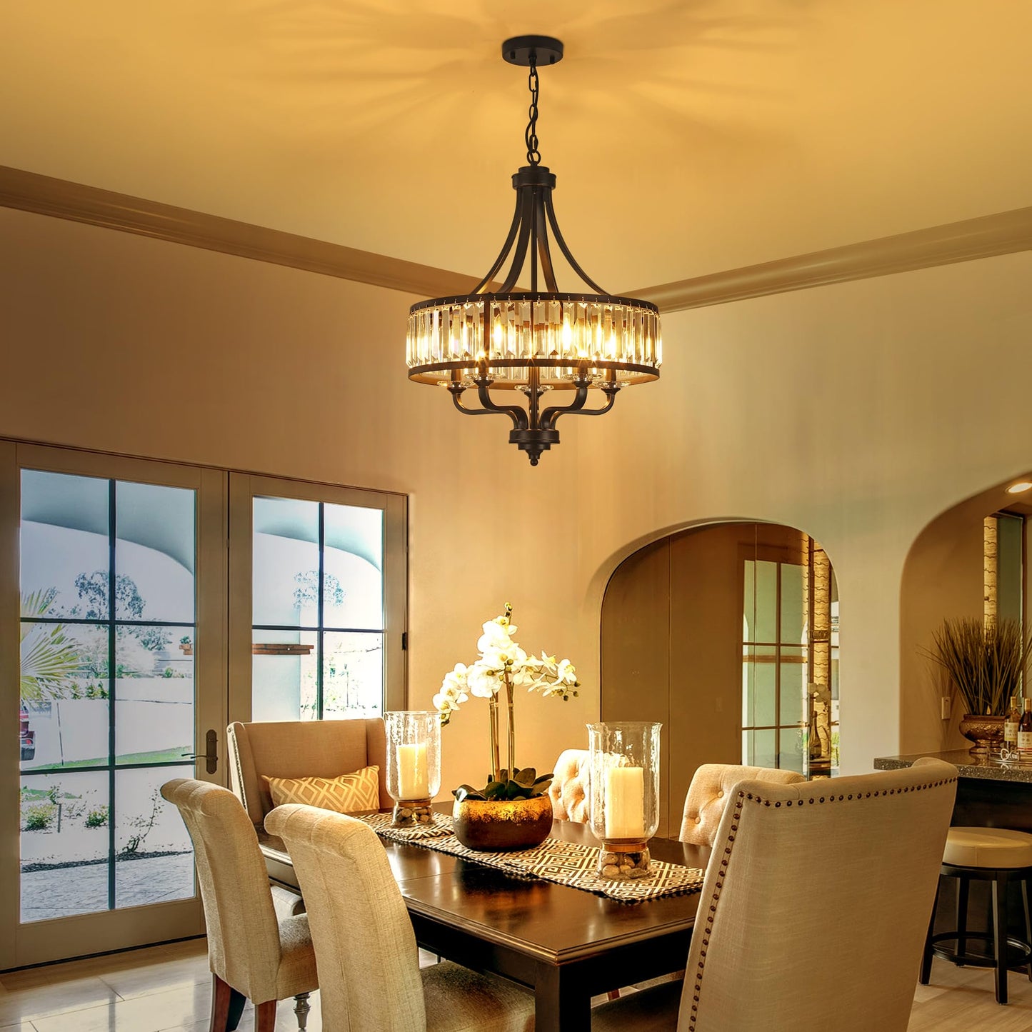 ZXFDWB Modern Black Crystal Chandelier,5-Light Farmhouse Dining Room Light Fixture Over Table Adjustable Height Hanging Industrial Pendant Lights Kitchen Island,Living Room Kitchen Island Entryway