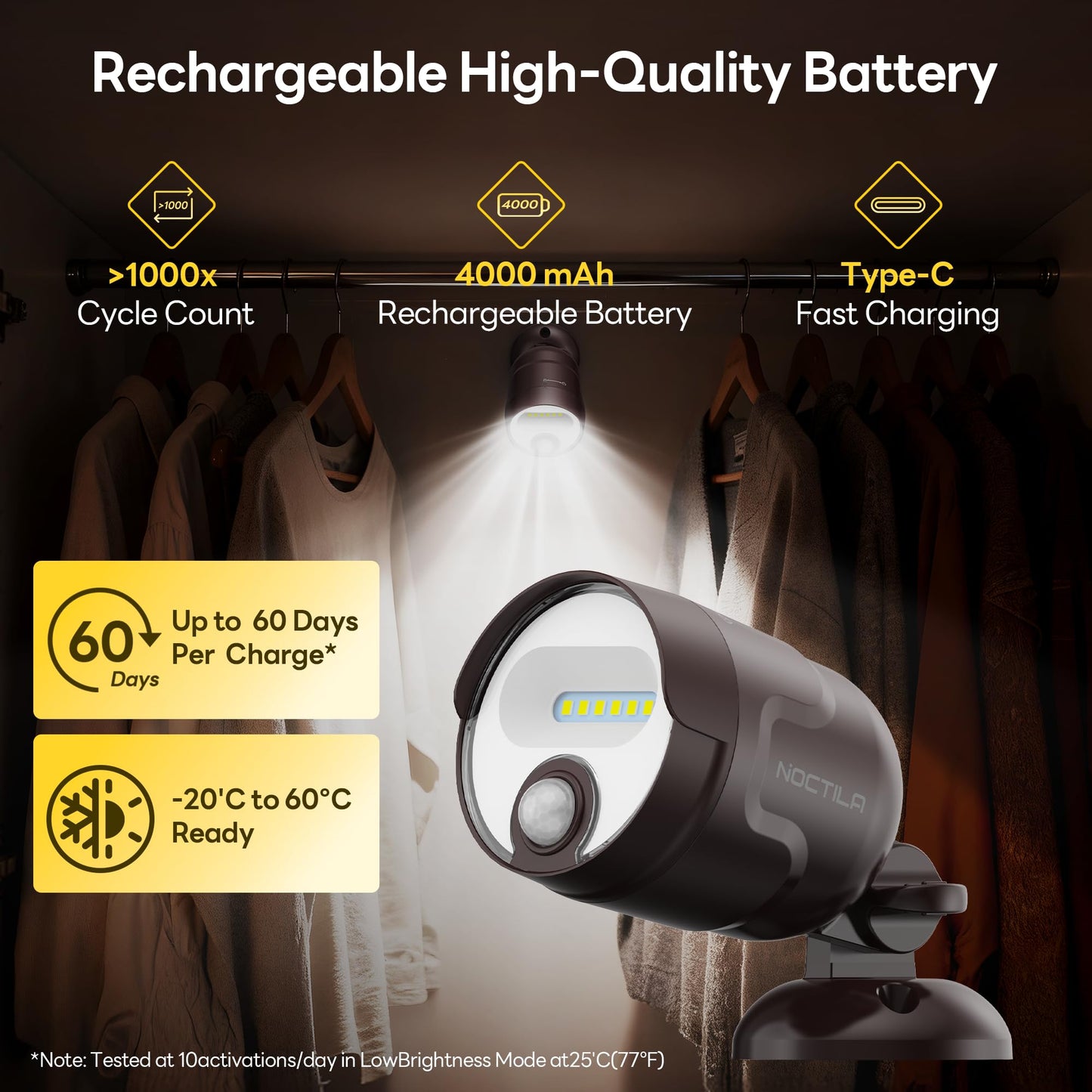 Noctila Battery Operated Motion Sensor Light,4000mAh Rechargeable Battery Powered Spotlight 600 Lumen Outdoor IP65 Waterproof for Porch,Yard,Wall,Garden with Dusk to Dawn (Brown-1pcs)