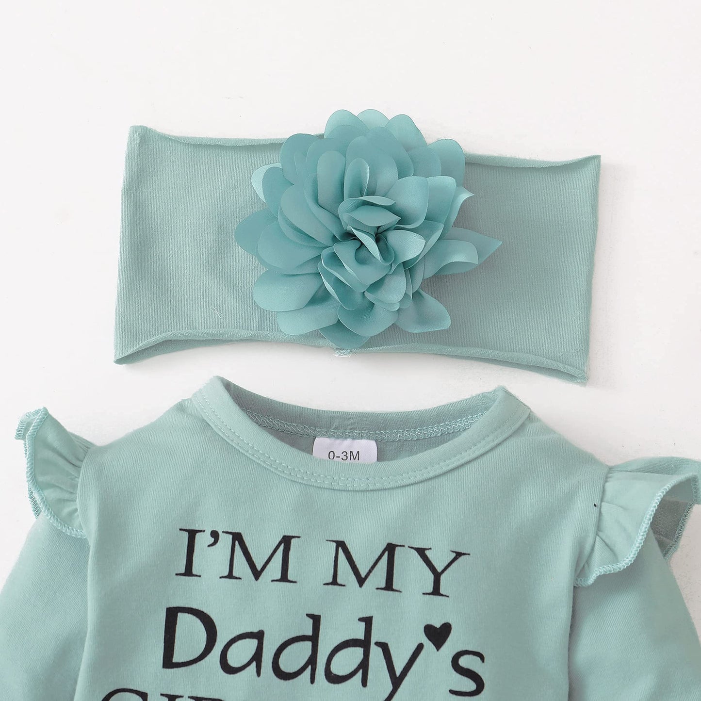 SUNNY PIGGY Baby Girl Clothes Newborn Outfit Infant Winter Fall One Piece Set Letter Print Flower Pants Set Long Sleeve Romper Baby Girl's Clothing with Headband 3-6 Months Green 4PCS