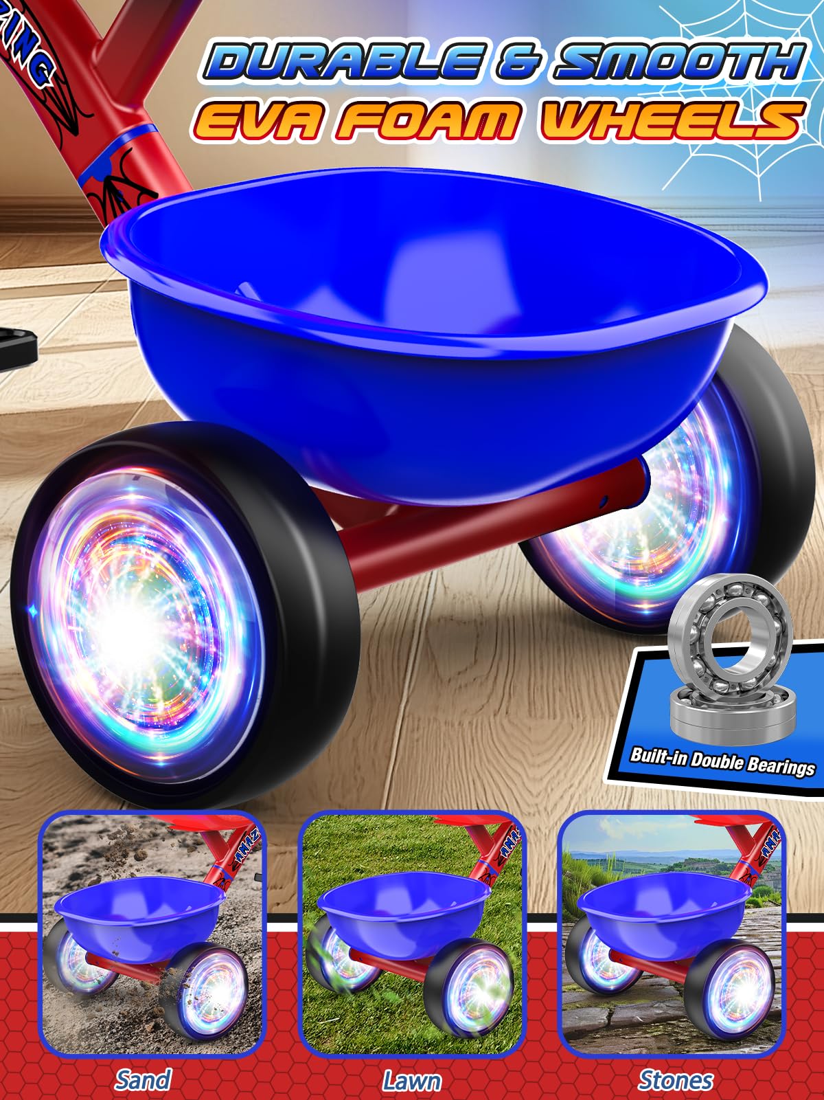 Tricycle for Toddlers 1-3 3-5 Year Olds, Spider Toddler Bike Baby Balance Bike with Colorful Lighting Wheels & Large Basket, Birthday Gift and Toy for 1 2 3 4 5 Year Olds Boys and Girls