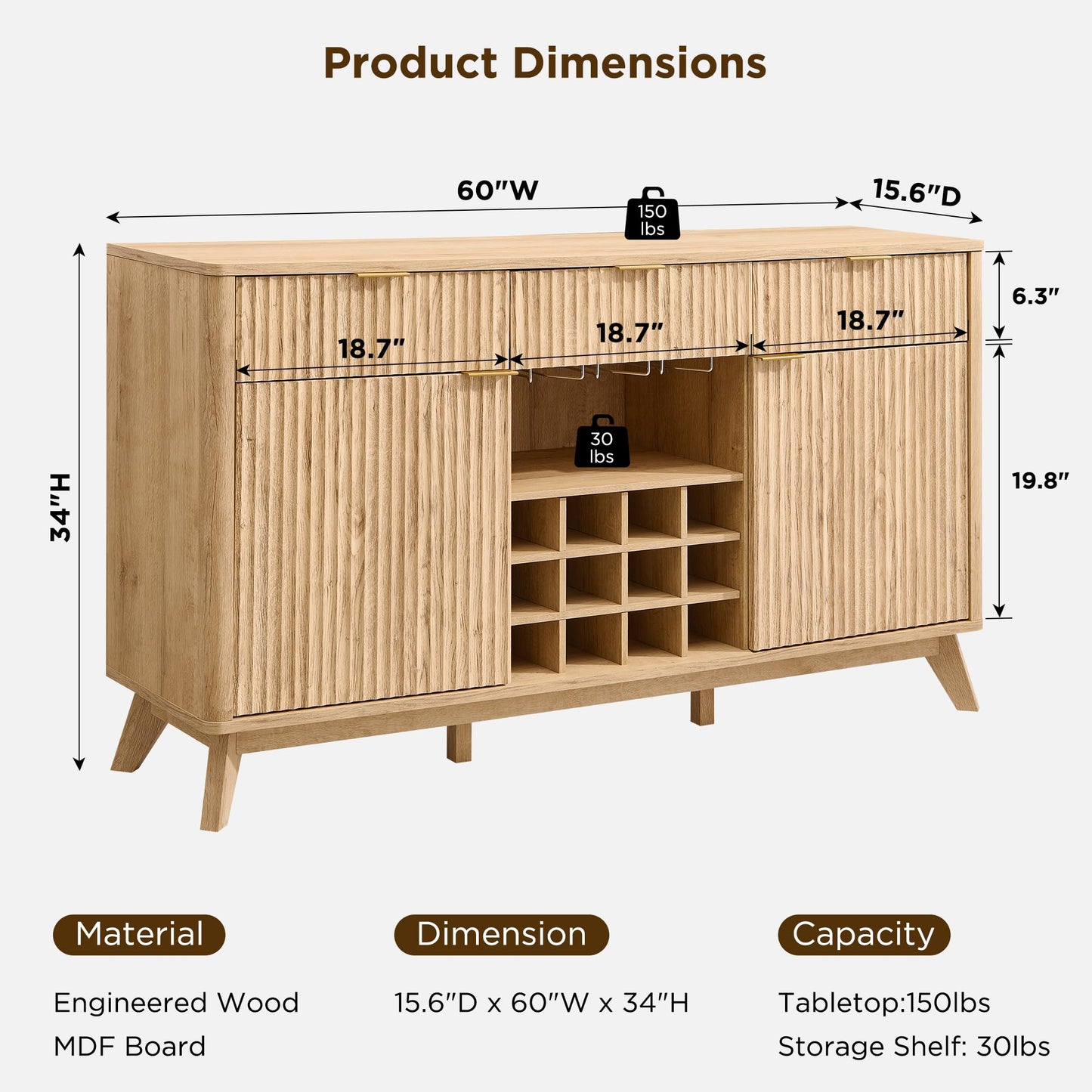 OKD 60" Fluted Buffet Cabinet with Storage - 3 Drawers and 2 Doors, Mordern Wine & Coffee Bar Cabinet with Wine and Glass Racks, Sideboard with Adjustable Shelves for Kitchen, Dining Room,Natural Oak