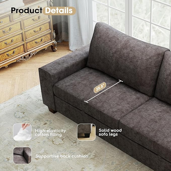 Couchus 88" Upholstered Sofa Couch with Seats Storage, Chenille Fabric Couch for Living Room, Office, Apart W/Deep Seat, Wide Arms, Side Pockets,Removable Cover (Dark Grey)