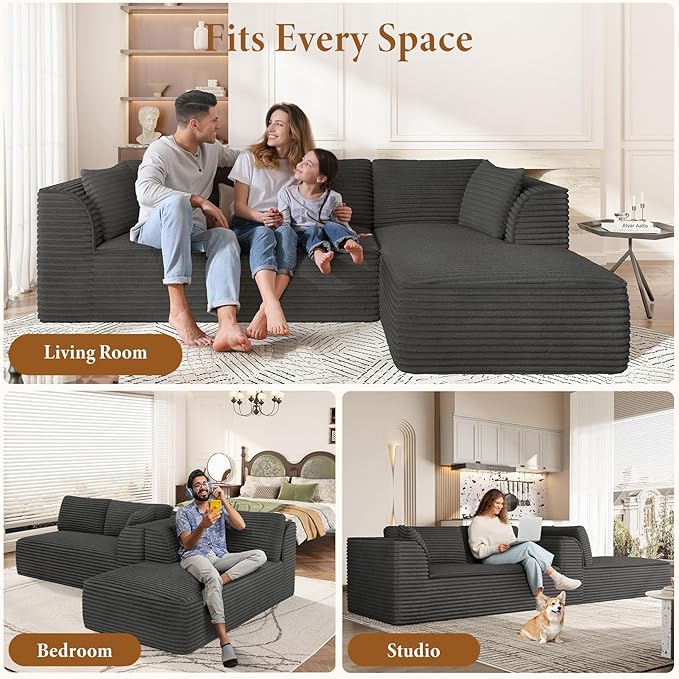 Vesgantti 106" Boneless Couches for Living Room, Deep Seat Cloud Sofa Sectional with Chaise, Corduroy Memory Foam Modular Couch Set, No Assembly Required (Dark Grey, Right-Facing Chaise)