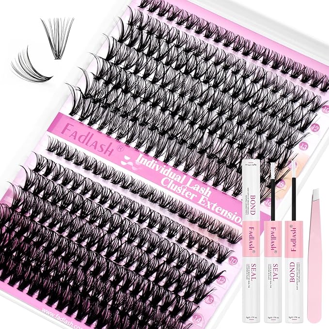 FADLASH Lash Extension Kit 30D+40D Lash Clusters D Curl Lash Cluster Kit DIY Eyelash Extension Kit with Lash Bond and Seal Lash Applicator Tool (30D+40D-07D-Kit, Mix 8-16mm)