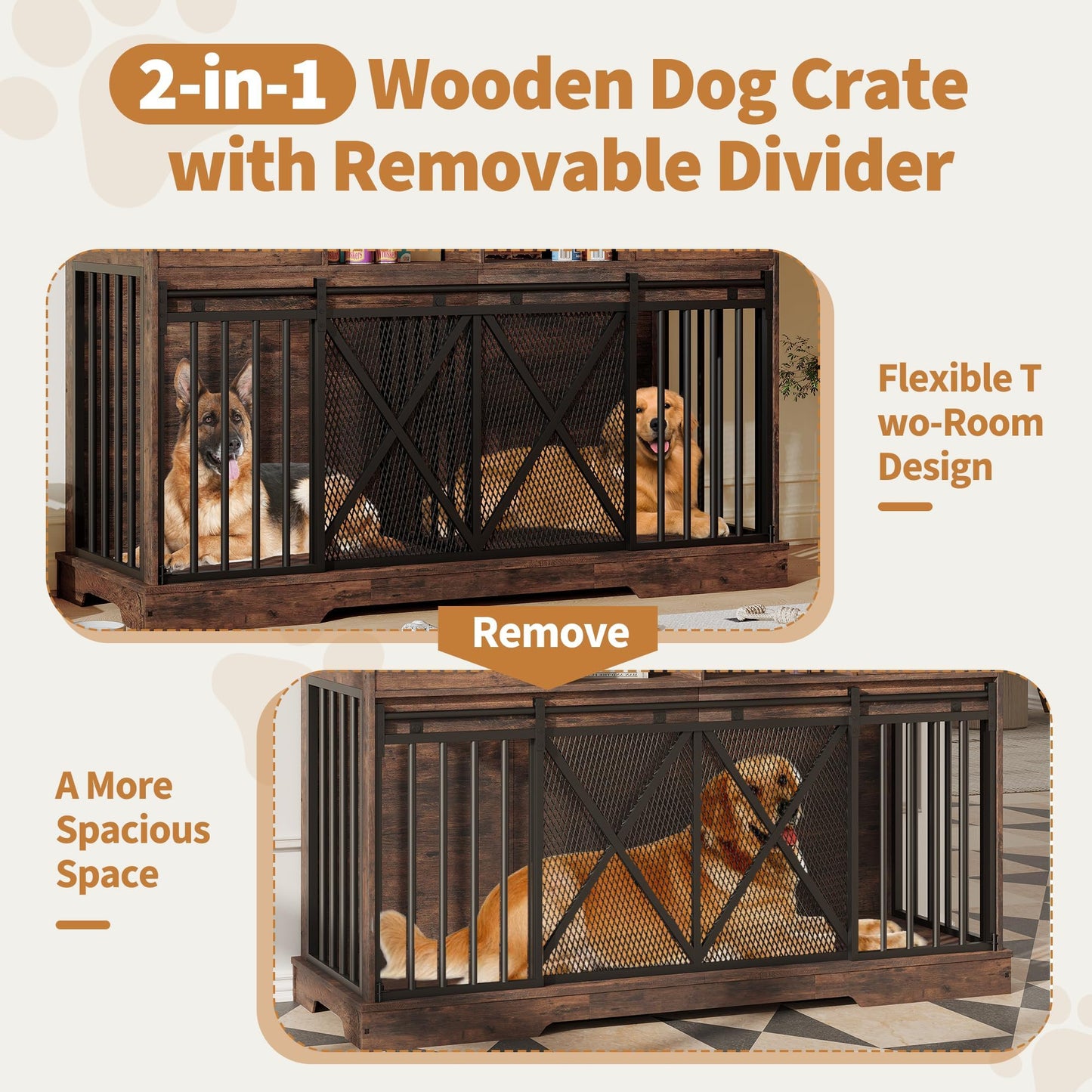 Double Dog Crate Furniture, 63 Inch Heavy-Duty Dog Kennel with Center Divider, Sliding Doors, Drawers and Open Shelves, Indoor Dog House for Living Room, Retro Brown