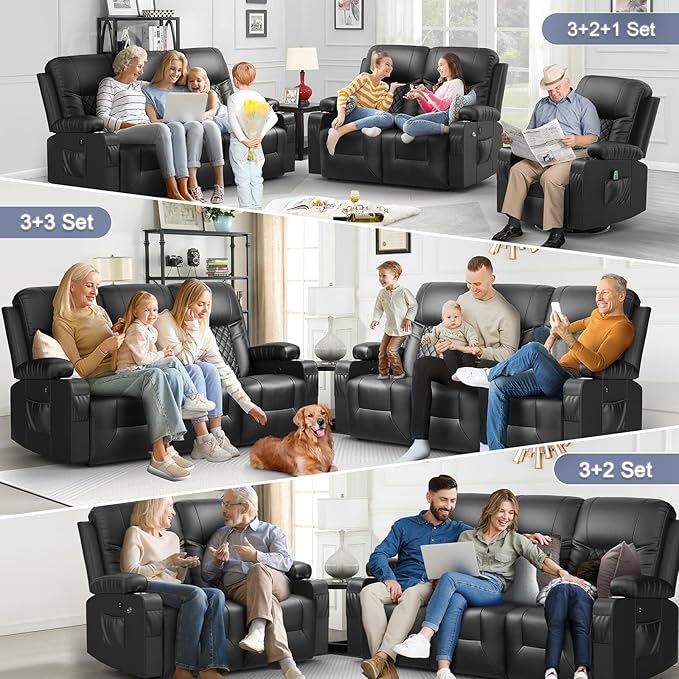 FURNIMAT Oversized Recliner Sofa Set with 2+3 Pieces in Living Room, PU Leather Loveseat Recliner Couch, Modern 3 Seats Dual Reclining Sofa with Cup Holder and 2 Cell Phone Holder, USB Ports, Black
