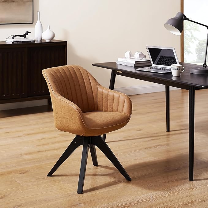 Art Leon Dining Chair, Mid Century Modern Faux Leather Upholstered Swivel Dining Room Chair with Wood Legs, Leisure Side Chair with Arms for Living Room, Brown