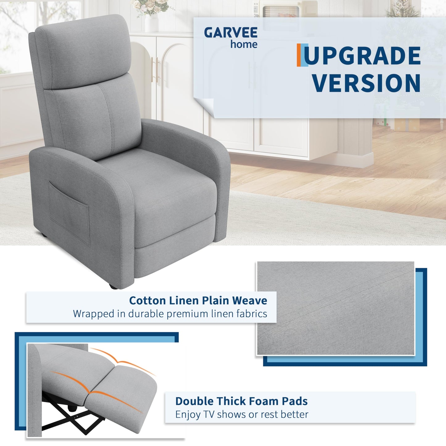 Recliner Chair for Adults, Adjustable Push Back Reclining Chair with Side Pocket, High Backrest & Thick Cushion, Padded Lounge Sofa Chair for Living Room, Home Theater & Bedroom, Light Grey
