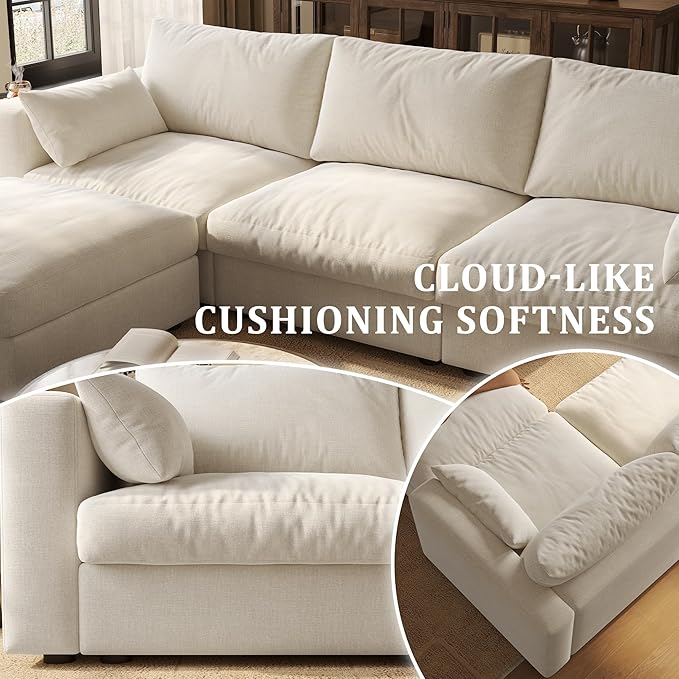 Cloud Modular Sectional Sleeper Sofa with Storage Ottoman, 128" Oversized Sectional Couches for Living Room, Cloud Modular Sleeper Sofa with Chaise, 8 Seater, Chenille, Beige