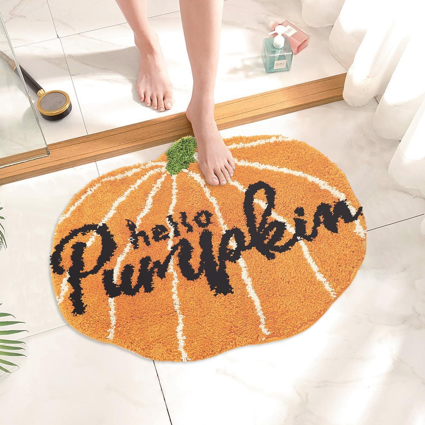 JarThenaAMCS Fall Hello Pumpkin Cute Absorbent Bath Mat Non Slip Orange Shower Rug for Autumn Home Kitchen Entrance Decor, 19.3" x 23.6