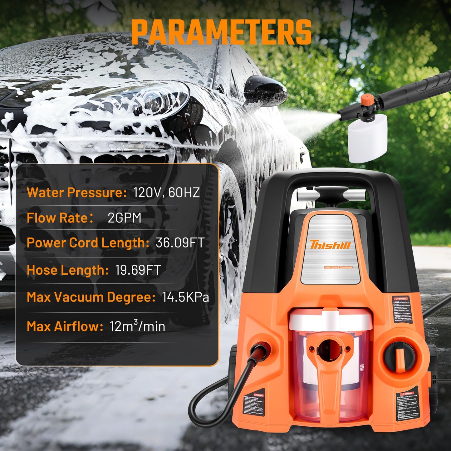 This Hill 4 in 1 Pressure Washer & Vacuum Cleaner, 1.7GPM 2800PSI with High Pressure Cleaner, 1400W High-Pressure Steamer for Cleaning, Fit for Home, Tile, Carpet, Furniture & Personal Car Detailing
