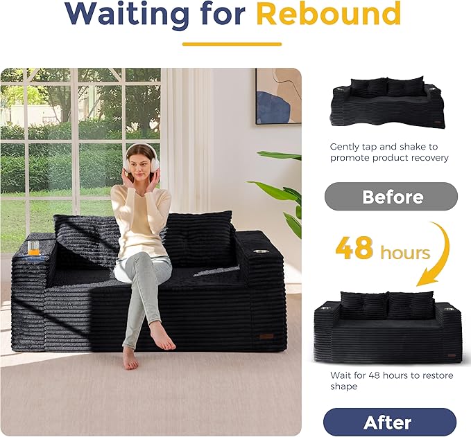 MAXYOYO 63" Boneless Loveseat Sofa Couch for Small Spaces, Mini Love Seat Floor Couch with Cup Holders and Pillows, 2-Seater Upholstered Cloud Couch for Bedroom Apartment, No Assembly Required