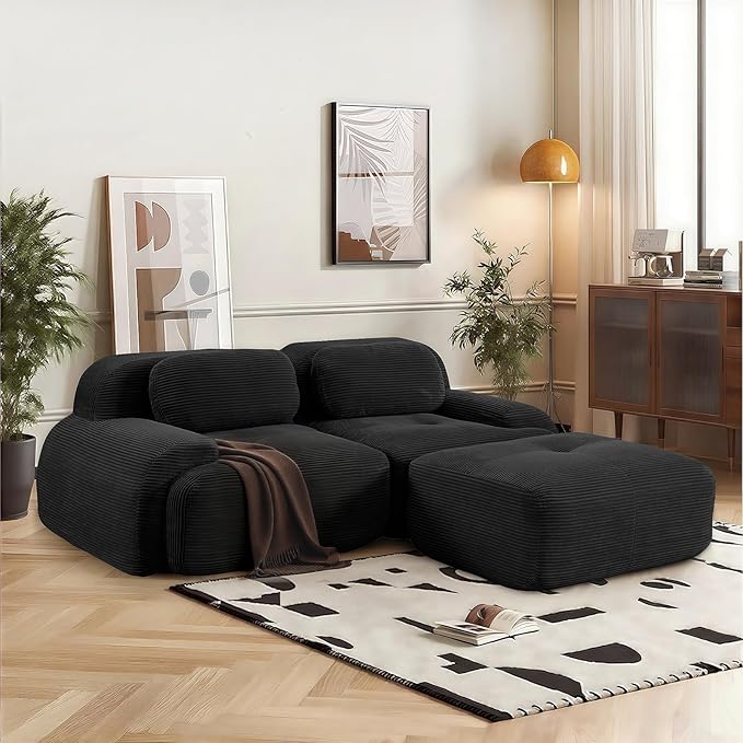 SoarFlash 81” Sectional Cloud Boneless Sofa Couches for Living Room-2 Seater L-Shaped Modern Lounge Couch-No Assembly Modular Corduroy Convertible Sponge Sleeper Sofas with Chaise for Home House,Black