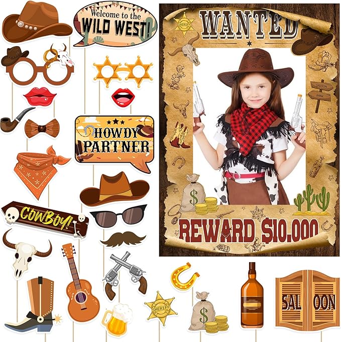 West Wanted Photo Booth Props Selfie Frames & 25 Pieces Western Photo Booth Props, Wild West Themed Party Decoration, West...