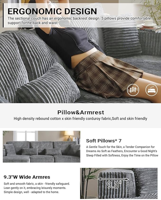 Vanress 110" Cloud Couch Sectional, Corduroy Boneless Couch with L-Shape Chaise,Modern Modular Sectional Sofa Comfy Deep Seat for Living Room, Bedroom, No Assembly (Dark Grey, Left Facing Chaise)