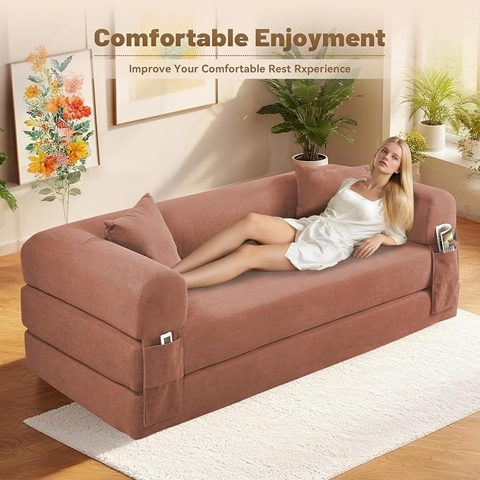 GJQ Convertible Futon Sofa Bed,80" Folding Pull Out Couch Bed with Storage,Queen Sleeper Sofa Bed,Compressed Couch in a Box,Corduroy Boneless Couches for Living Room,Pink