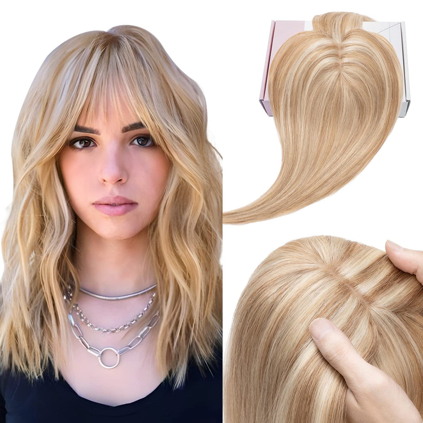 Elailite Hair Toppers for Women Real Human Hair Topper with Bangs Thinning Thin 5.1 x2.8  Silk Base Clip in Remy Hairpieces 16 I