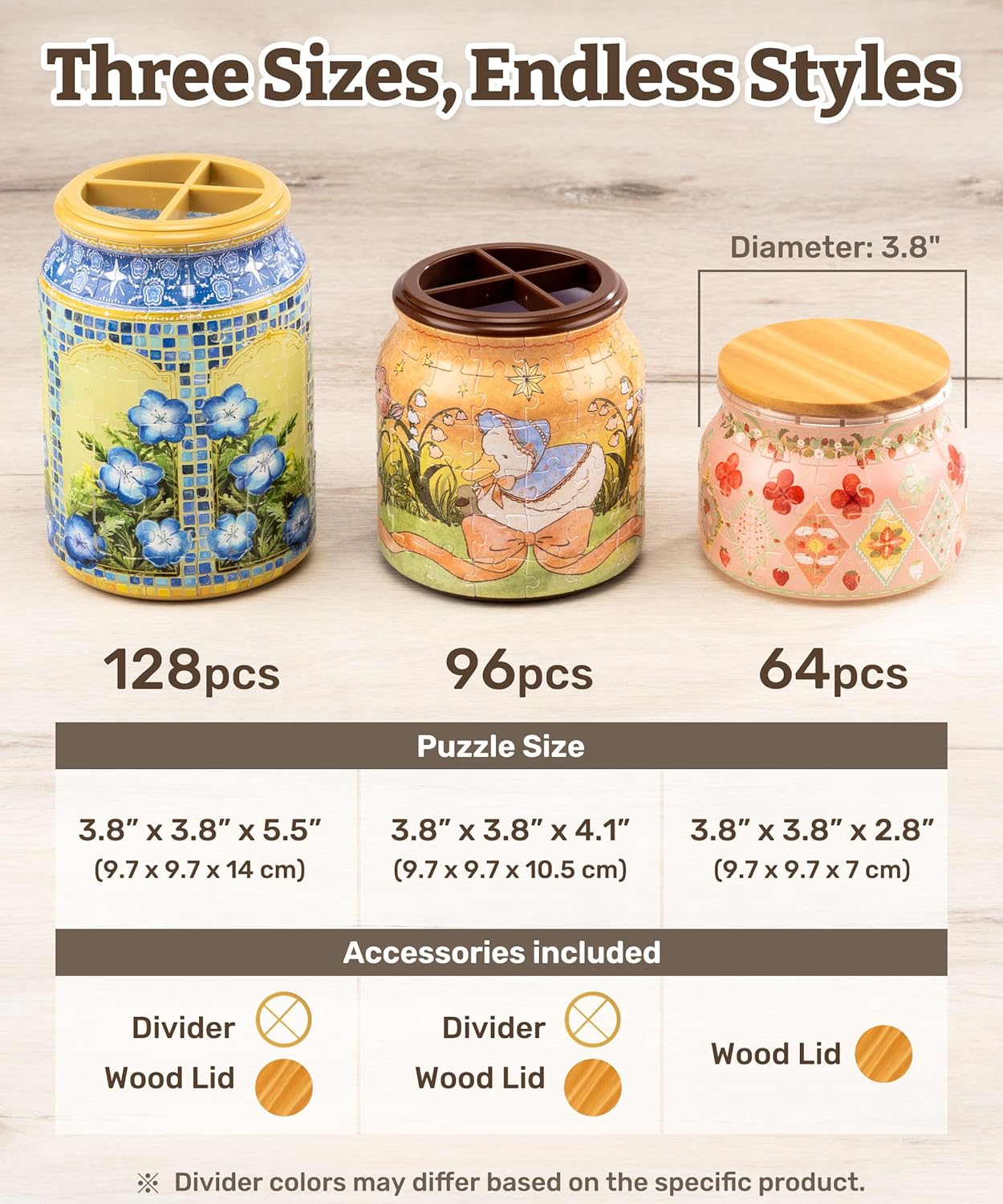 PieceRelax 3D Puzzle Jar 64 Plastic Pieces for Adults - Daisy Breeze Wooden Lid Container for Kitchen Dining Study Living Room No Glue Requied Small [BC1025]