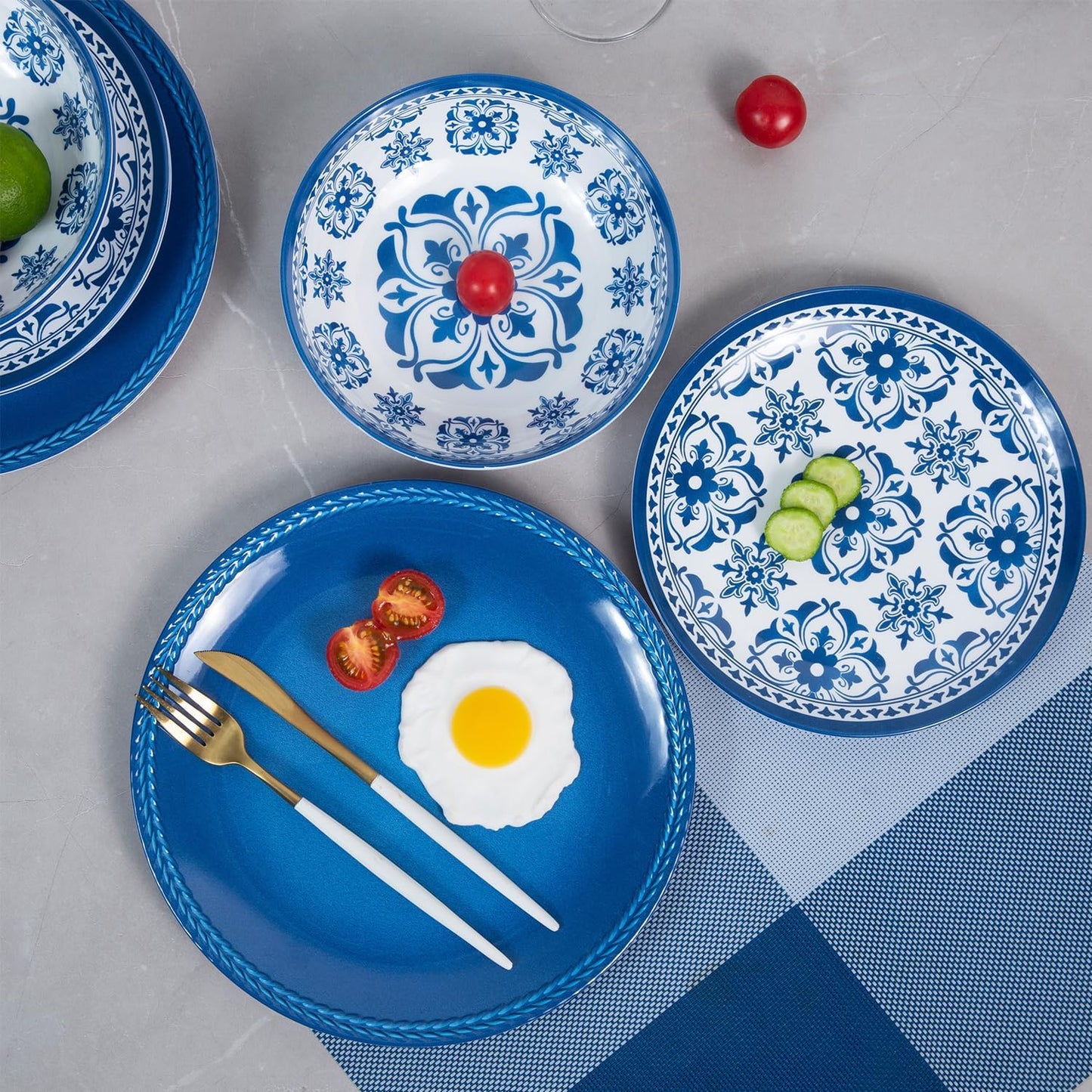 Melamine Dinnerware Set -12pcs Outdoor and Indoor Plates and Bowls Set ,Service for 4, Dishwasher Safe, Blue Flower