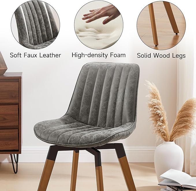 Art Leon Swivel Dining Chairs - Mid Century Modern Kitchen Dining Room Chairs, Upholstered Faux Leather Armless Side Chairs with Wood Legs