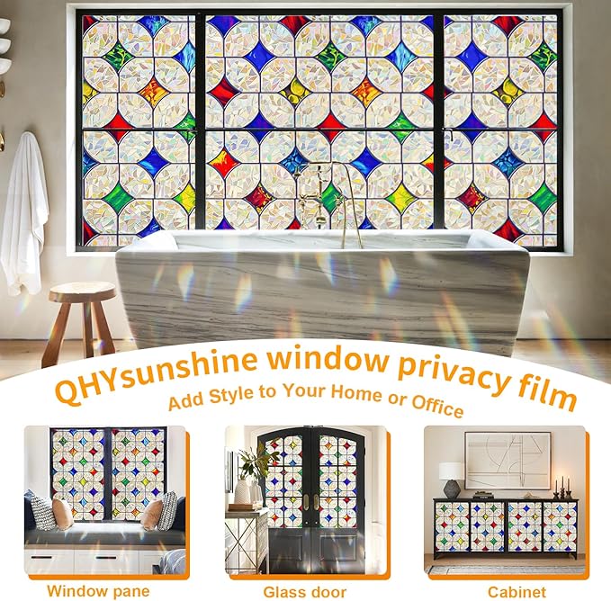QHY Sunshine Colorful Rainbow Stained Glass Window Film Non-Adhesive Window Privacy Film Reusable Decorative for Room (Rainbow Mosaic, 35.4 X 78.7 in)