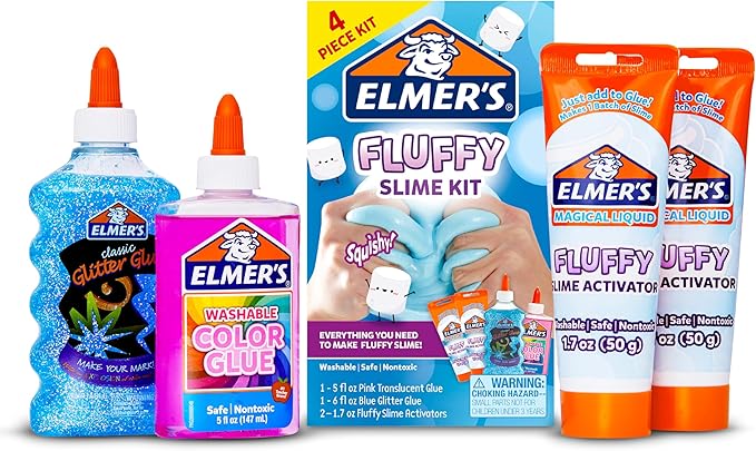 Elmer’s Fluffy Slime Kit, Includes Translucent Color Glue, Glitter Glue, Fluffy Slime Activator, 4 Count - Perfect for Bir...