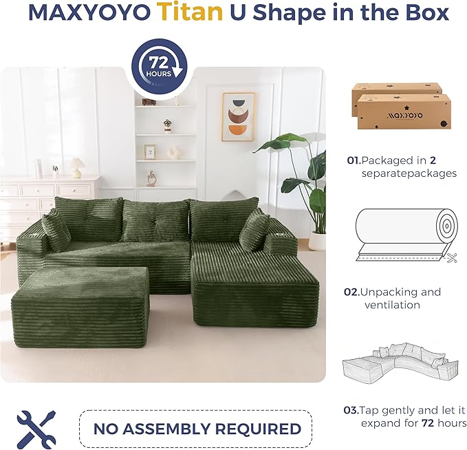 MAXYOYO 104" U-Shaped Modular Sectional Couch, Modern Boneless Couch for Living Room, Sofa in A Box, Oversized Sofa Sleeper with Deep Seat, No Assembly Required, Green