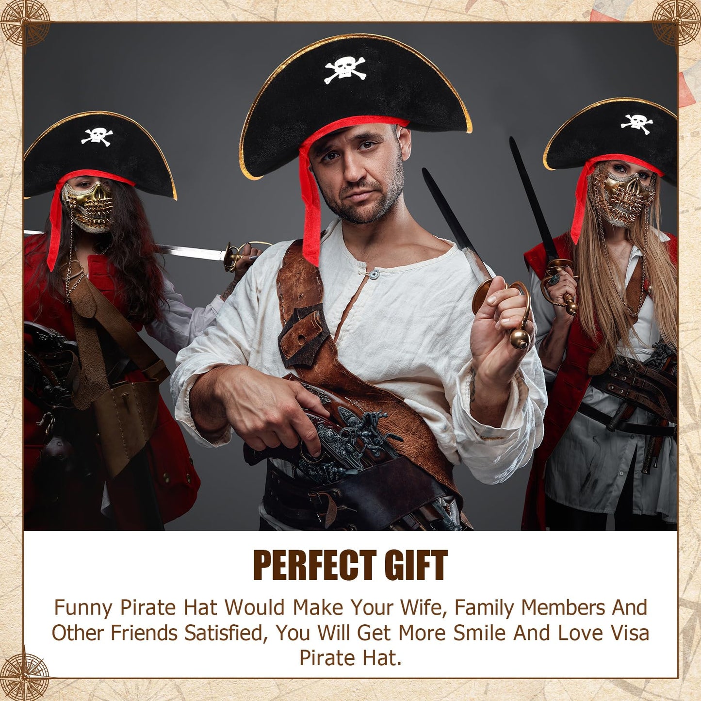 Hsei 8 Pcs Pirate Hat Skull Print Captain Costume Caps Party Accessories Hats for Halloween Cosplay Caribbean Nautical Themed