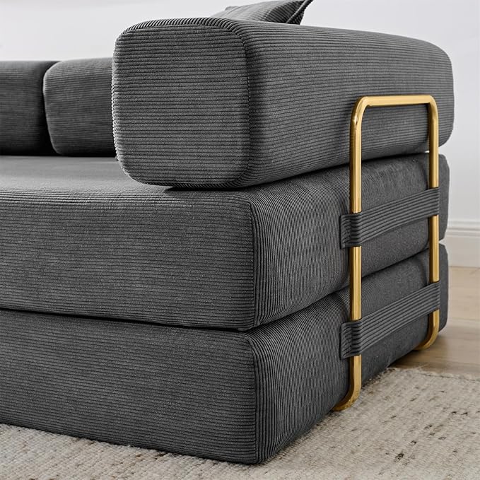 Convertible Couch Sofa Bed Foldable Floor Sleeper | Modern Deep Seat Fold Out Couch | Removable Backrest & Armrests | No Assembly Compression Sofa Sleeper for Living Room, Bedroom | Corduroy Gray