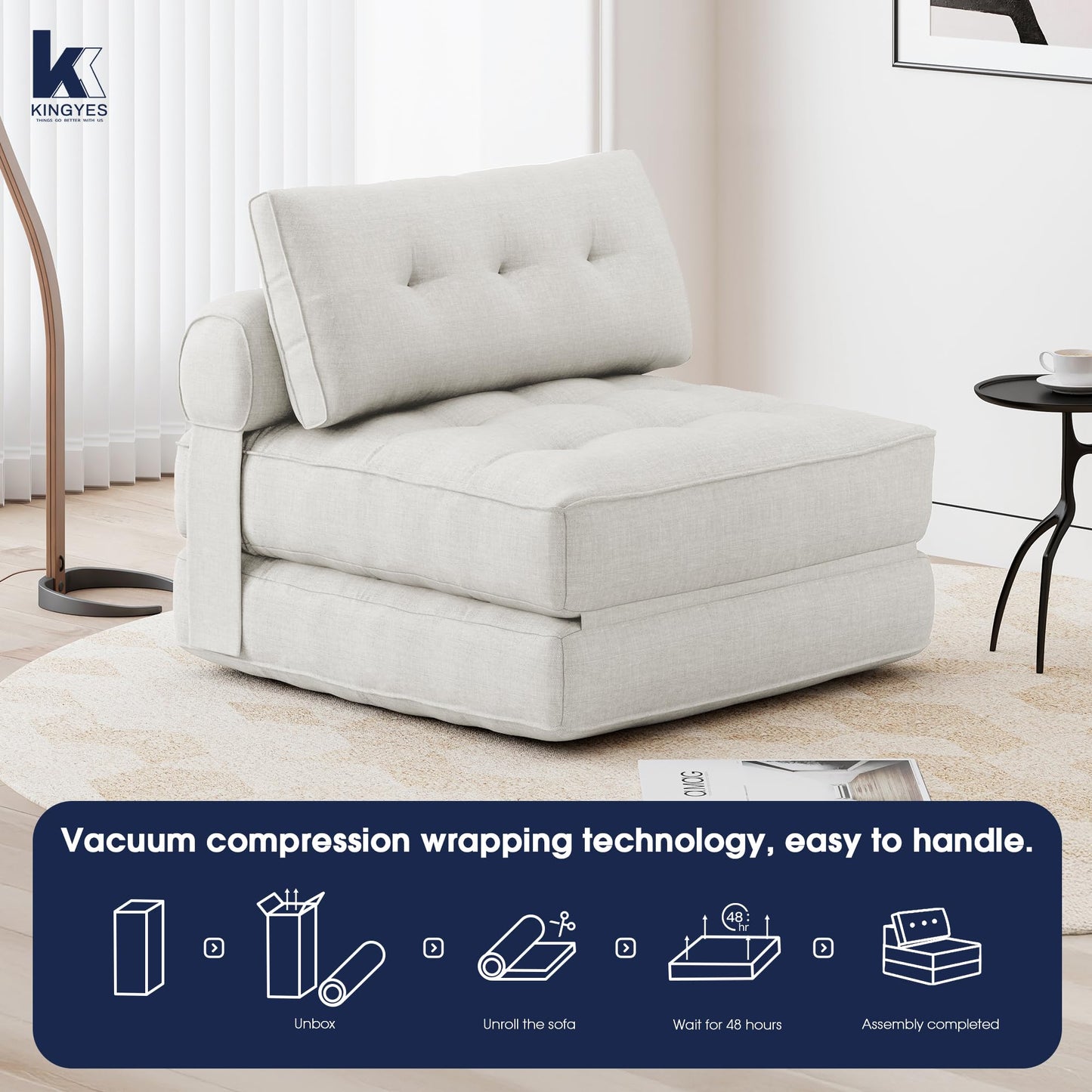 KINGYES Folding Sofa Bed, Convertible Sleeper Chair with Pillow for Adults, Foldable Single Futon Chair Floor Sofa Lounge for Living Room, Beige