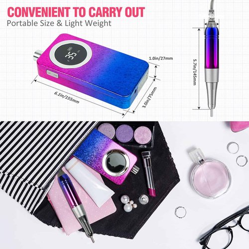 Ecagewill Professional Electric Nail Drill Machine, Gradient Color 35000 RPM Rechargeable Efile Nail,with TFT Display Portable Electric Nail File for Acrylic Nails Manicure Pedicure
