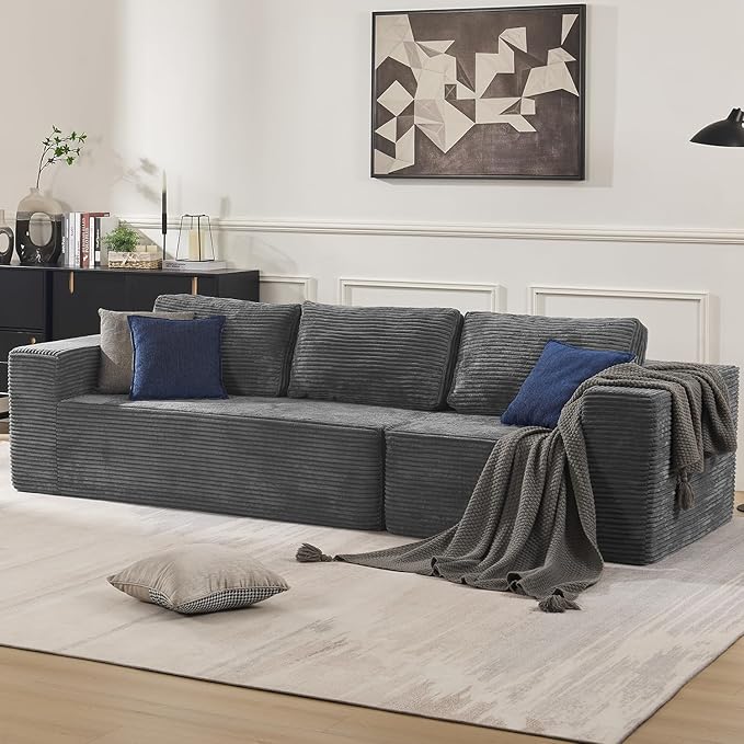 Furnify 106" 3-Seater Sofa, Cloud Modular Sofa with Certified Foam, Upholstered Floor Sofa with Deep Seat, Upholstered Sofa for Bedroom Living Room, No Assembly Required (Plush Corduroy Fabric, Grey)