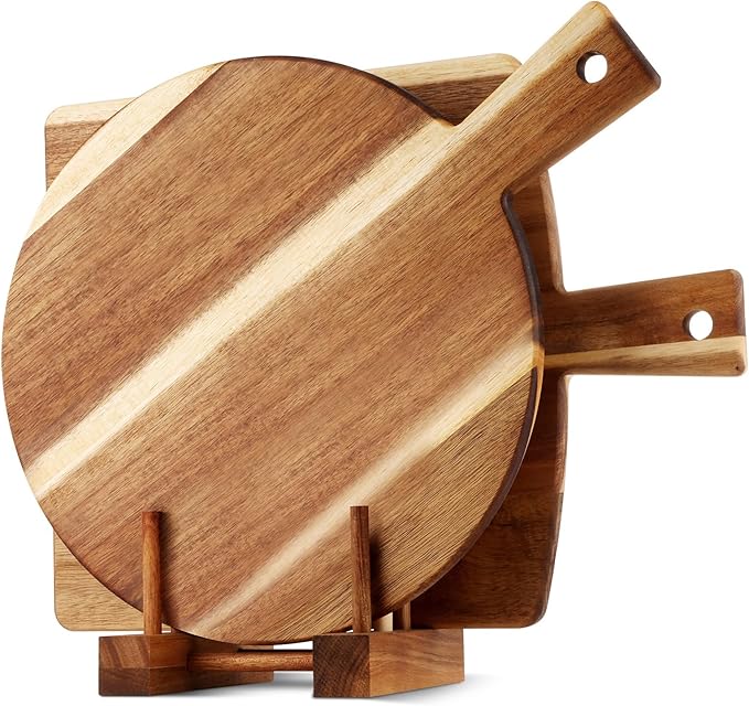 2 Pack Acacia Wood Cutting Board with Stand, Charcuterie Boards for Kitchen, Round & Rectangular Wooden Cutting Board Set ...
