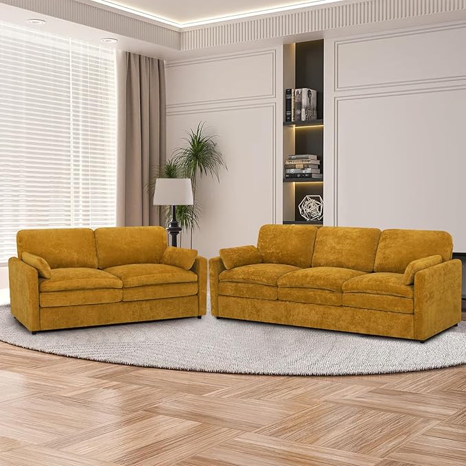 ACMEASE 2 Pieces Chenille Sofa Set w/Throw Pillows, Upholstered Loveseat & 3 Seater Sofa w/Comfortable Back Cushions, Modern 2-Seat & 3-Seat w/High-Density Foam for Living Room, Apartment, Yellow