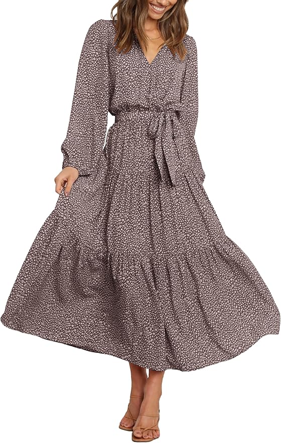 PRETTYGARDEN Womens Spring Long Sleeve Wrap V Neck Ruffle Floral Maxi Dress Casual Tie Waist Boho Chiffon Flowy Long Dresses