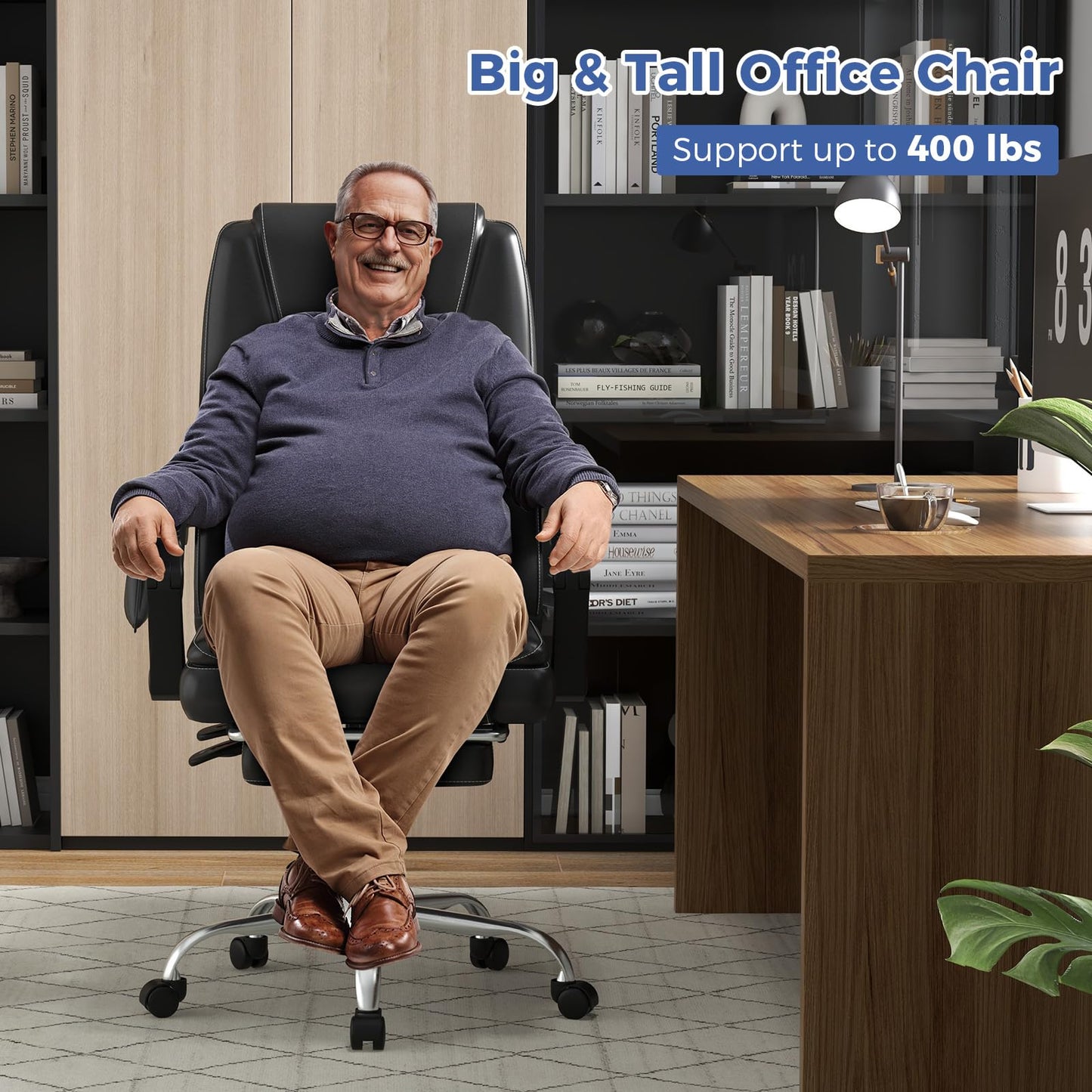 Giantex Massage Adjustable Executive Chair - 400 LBS Big and Tall Office Chair with Linkage Armrests, High Back Leather Swivel Computer Task Chair, Large Ergonomic Reclining Home Office Chair (Black)
