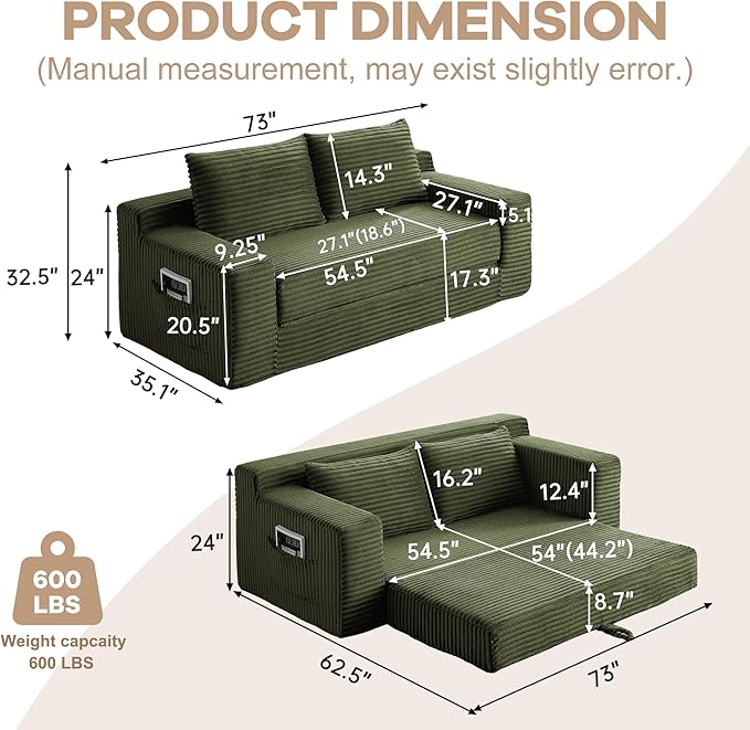 73" Convertible Sofa Bed, 2 in 1 Folding Couch Bed, Boneless Couch in a Box, Cloud Loveseat Sleeper, Fold Out Comfy Floor Futon Sofa with 2 Pillows for Living Room Bedroom, No Assembly (Green, 73")