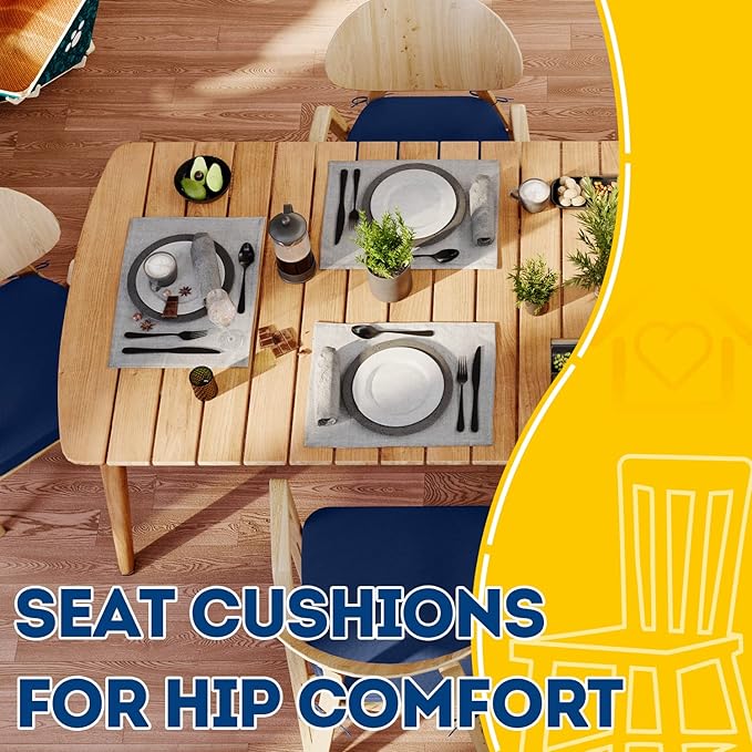 AAAAAcessories D-Shaped Chair Cushions, 2" Thick Dining Chair Pads with Ties and Removable, Machine-Washable Cover, 17" x 16", Set of 2, Blue
