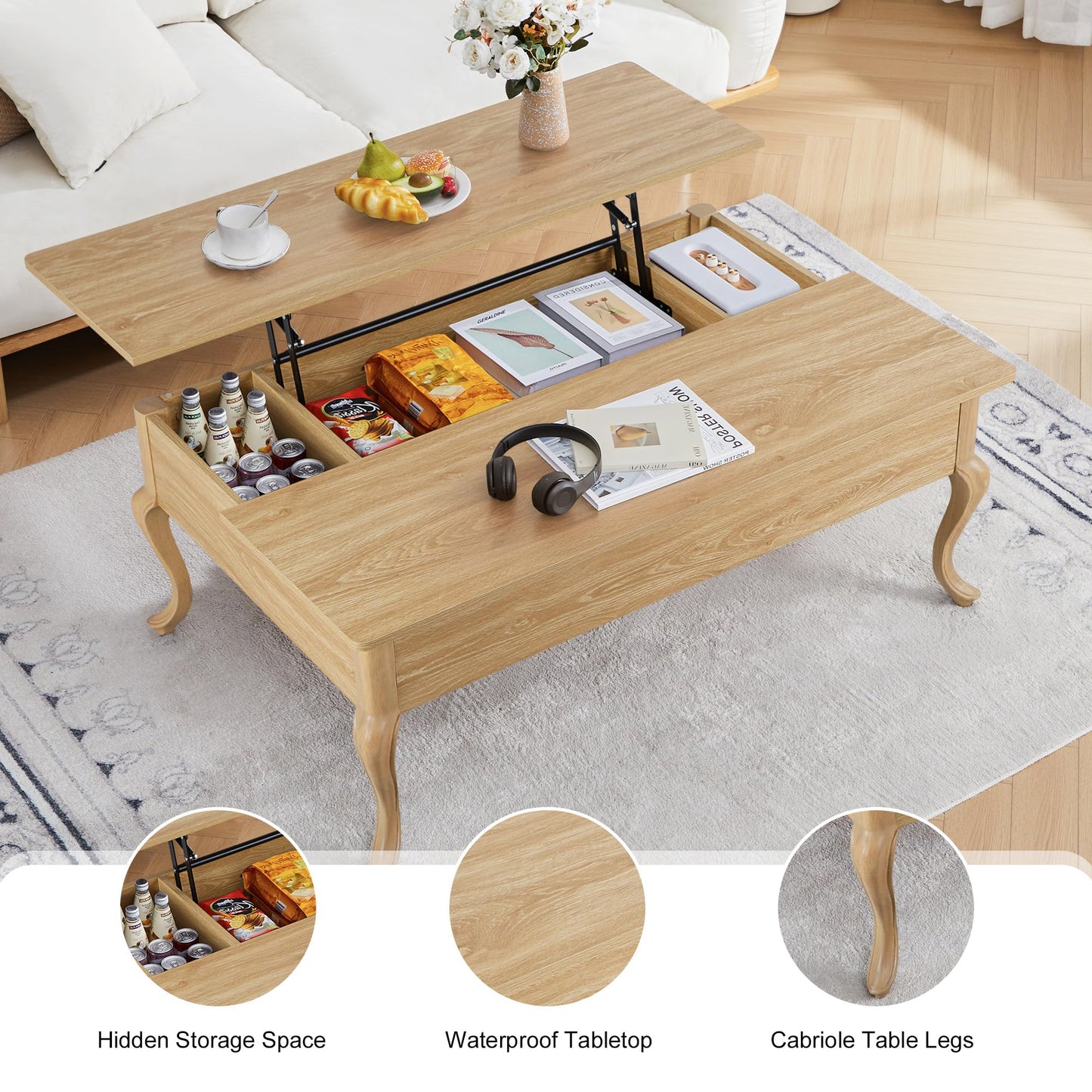 QEIUZON Lift Top Coffee Table, Farmhouse Coffee Table with Hidden Storage, Wood Center Table Dining Table for Living Room, Apartment, Home Office (Natural)