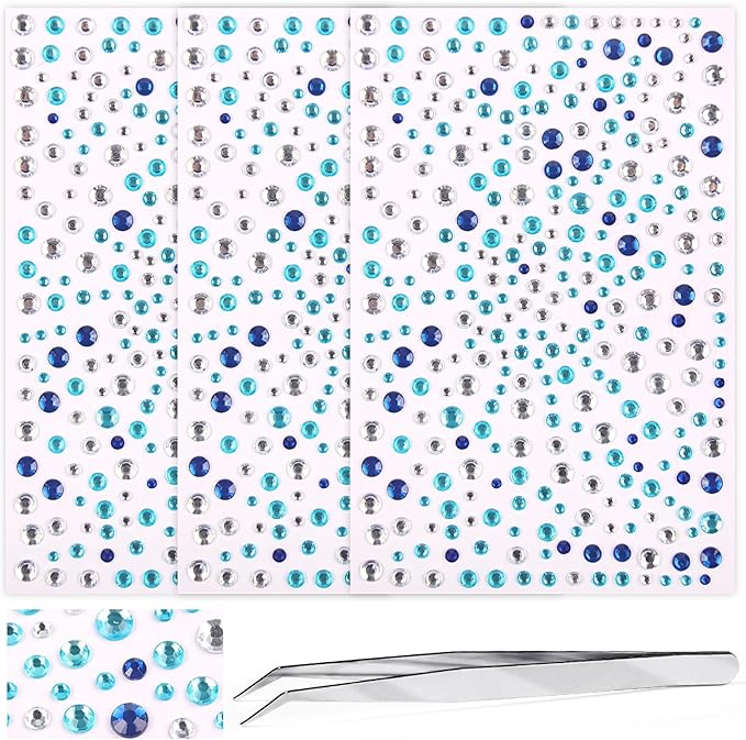 Self Adhesive Face Gems and Pearls for Makeup, Festival Jewels, Hair Gems, Rhinestone Stickers for Face, Eye, Makeup, Nail, Body, Crafts 3/4/5/6 mm 975Pcs (24.gem_mixblue)