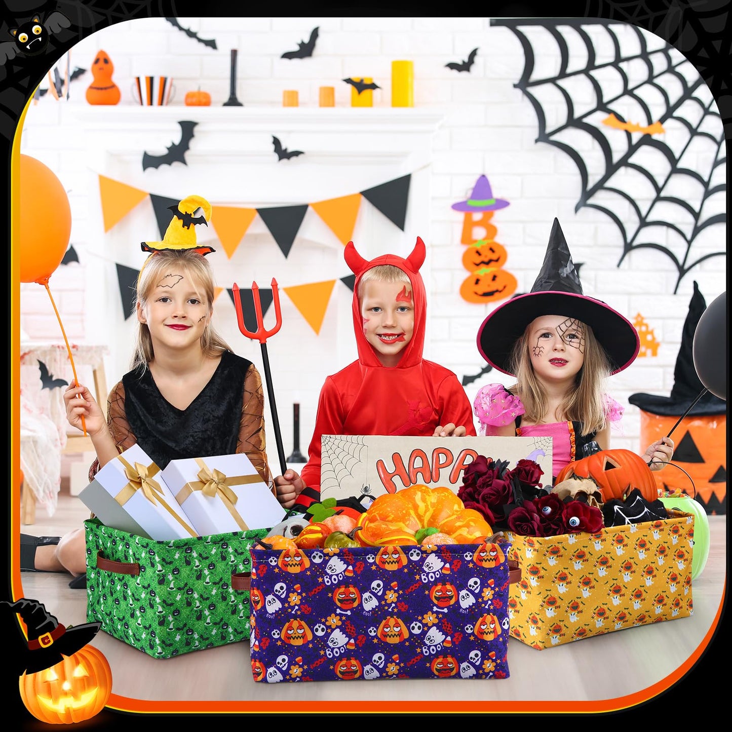 Boao 4 Pack Halloween Storage Baskets for Gifts Empty Collapsible Laundry Storage Bins with Handles Foldable Boxes for Home Bedroom Office Holiday Toy Clothes Containers
