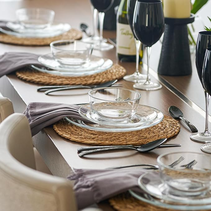 12pc Glass Dinnerware Set - Sleek Round Clear Glass Plate and Bowl Sets - Dishwasher Safe, Bread & Butter Dinner, Dessert, Salad Plates & Serving Cereal Soup Bowls Dishes for Kitchen Dining & Parties