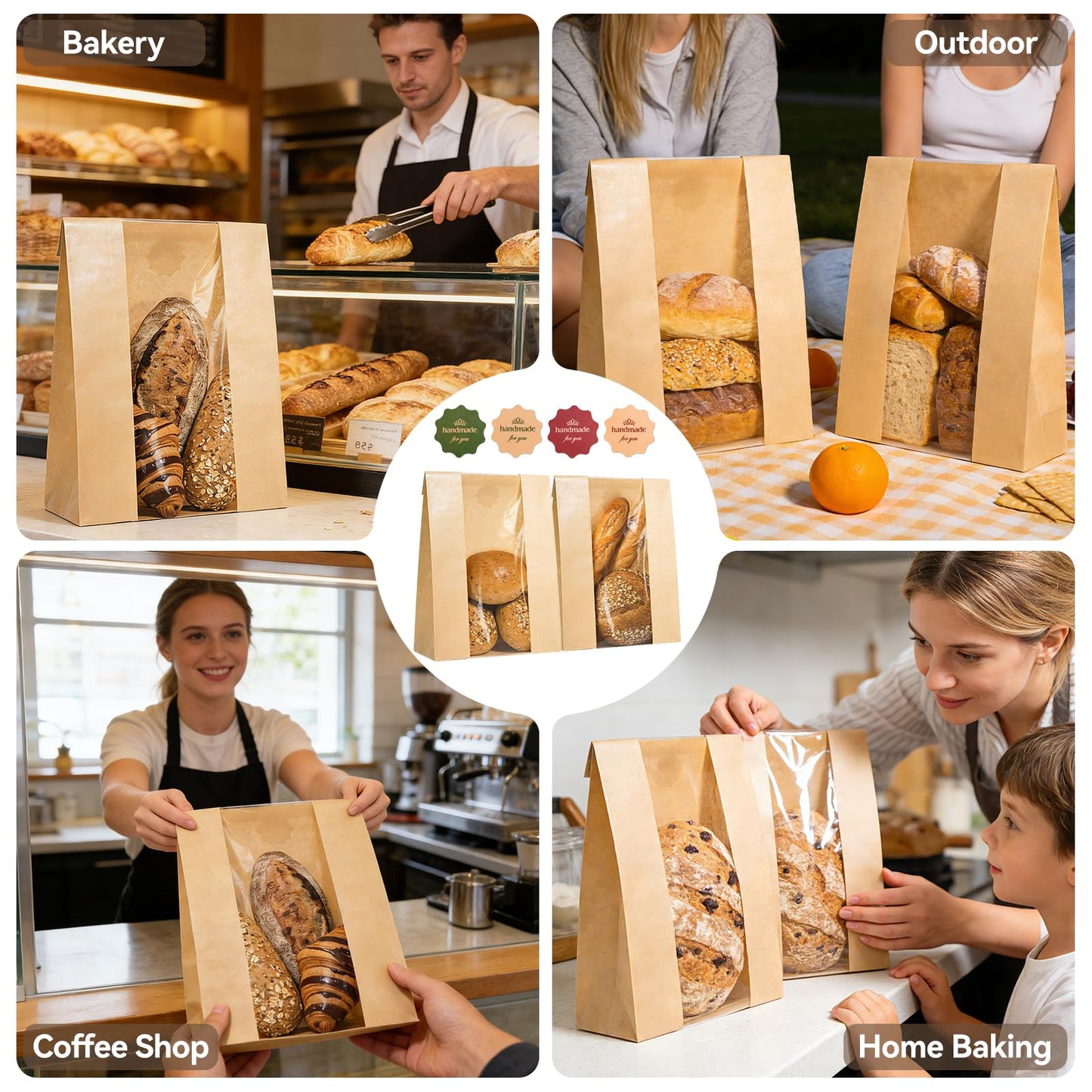 25 Pcs Bread Bags for Homemade Bread, Paper Sourdough Bags with window, Large Bakery Loaf Bag with Stickers for Cookies, Popcorns, Hamburgers (25, 14.2"x8.3"x3.6")