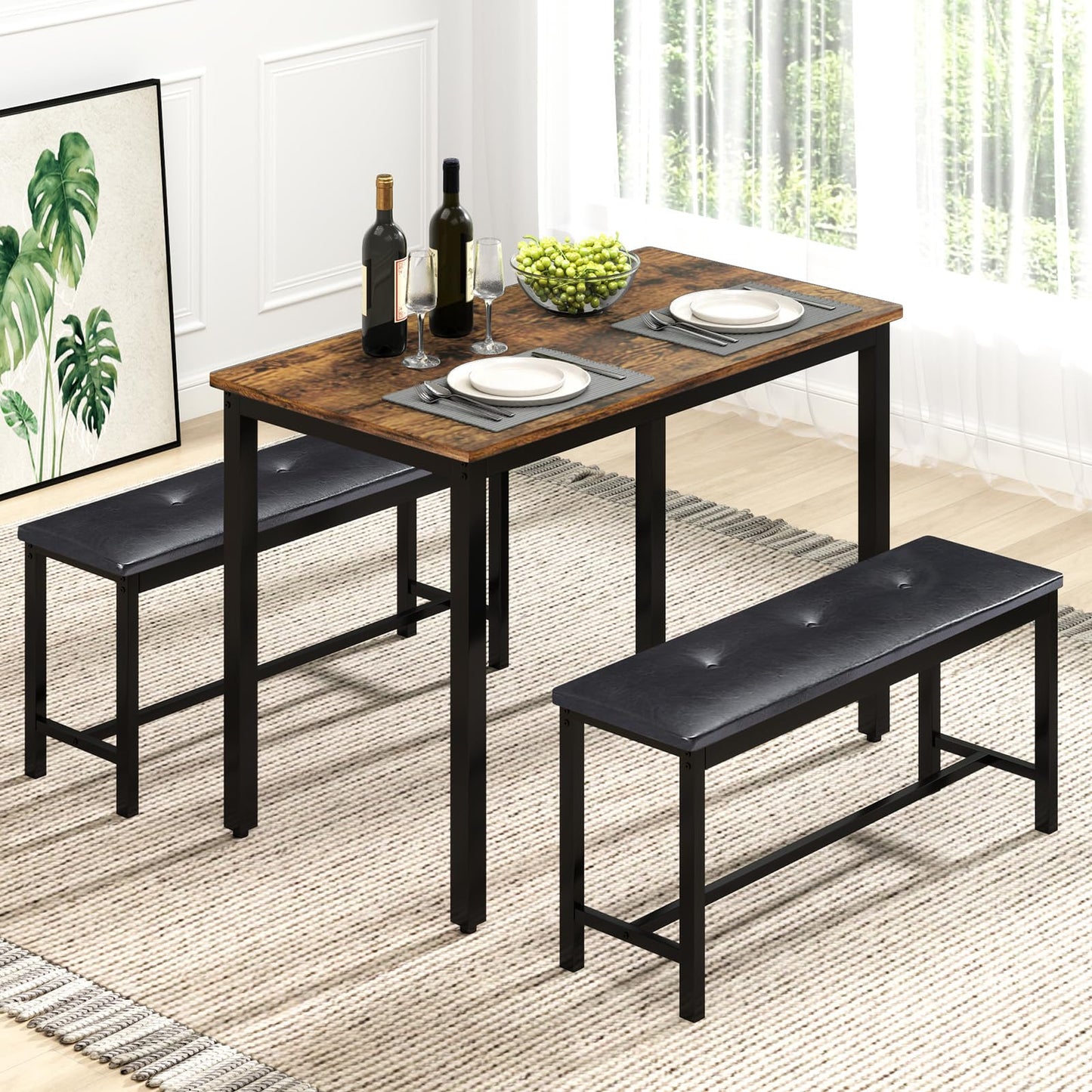 Rovibek Dining Room Table Bench Set for 4, Modern Space Saving Kitchen Table with with 2 Upholstered Benches & Adjustable Feet, Wooden Breakfast Table, 43", Brown