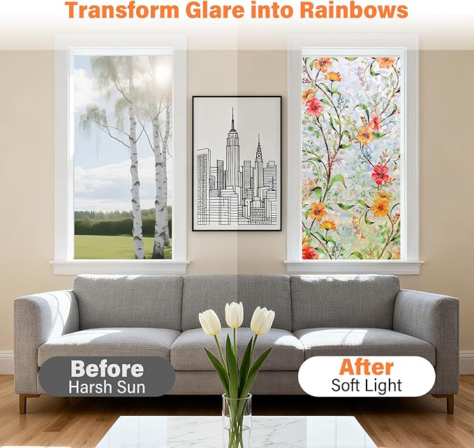 Finnez Stained Glass Window Film with Floral Pattern, Crescent Base and Rainbow Effect, Decorative Static Cling No Glue No Residue 23.6 x 78.7 Inches