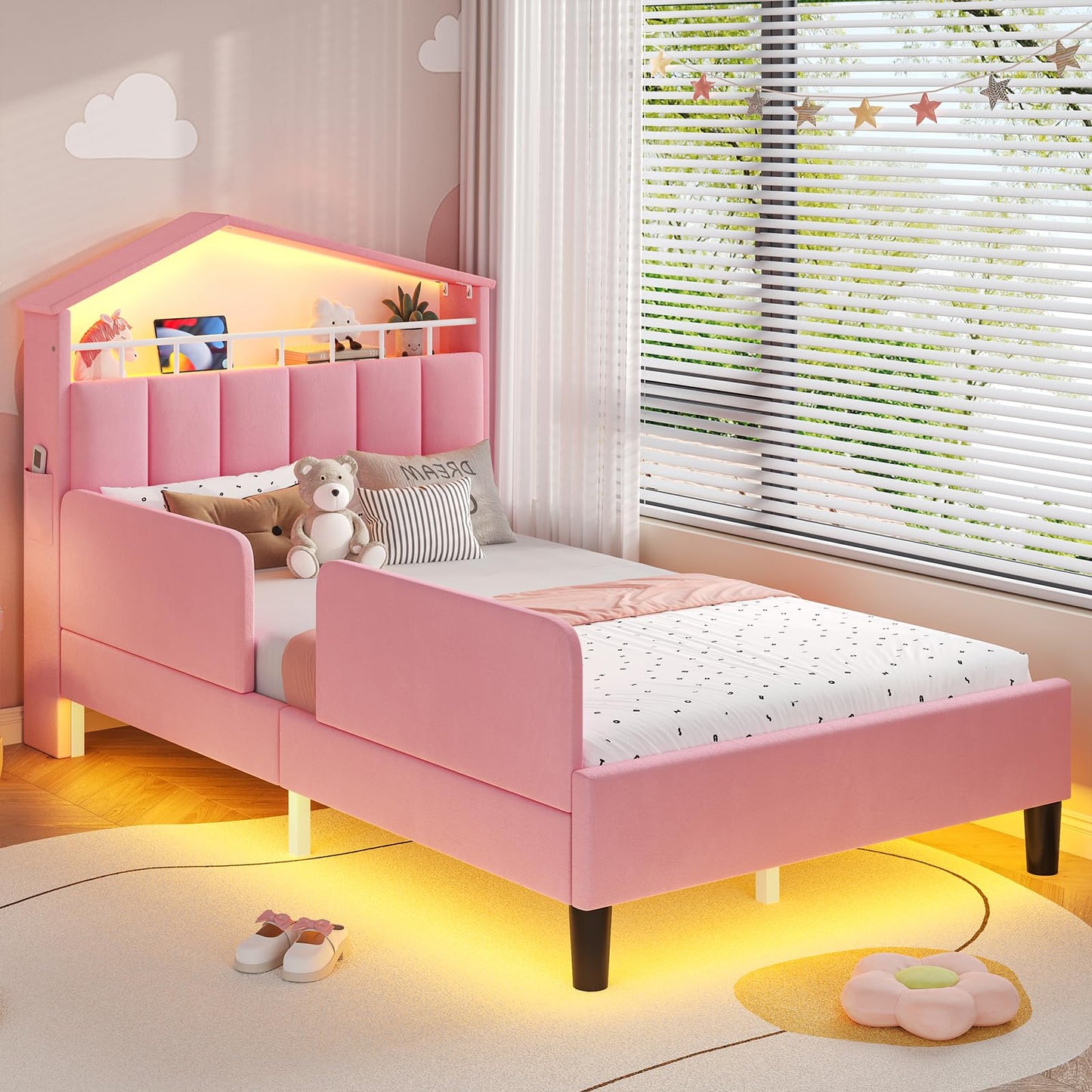 ADORNEVE Twin Size Bed Frame with LED Lights,Velvet Upholstered Platform Bed for Girls,Princess Bed with Safety Guardrail,Headboard with Charging Station & Hidden Storage,No Box Spring Needed,Pink