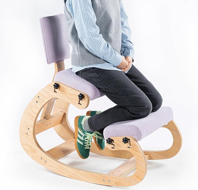 VDNEND Ergonomic Kneeling Chair with Back Support,Wooden Kneeling Chair Desk for Work, Rocking Office Kneel Chairs for Relieve Back Pain, Kneeling Posture Chairs for Gaming,Home (Light Purple)