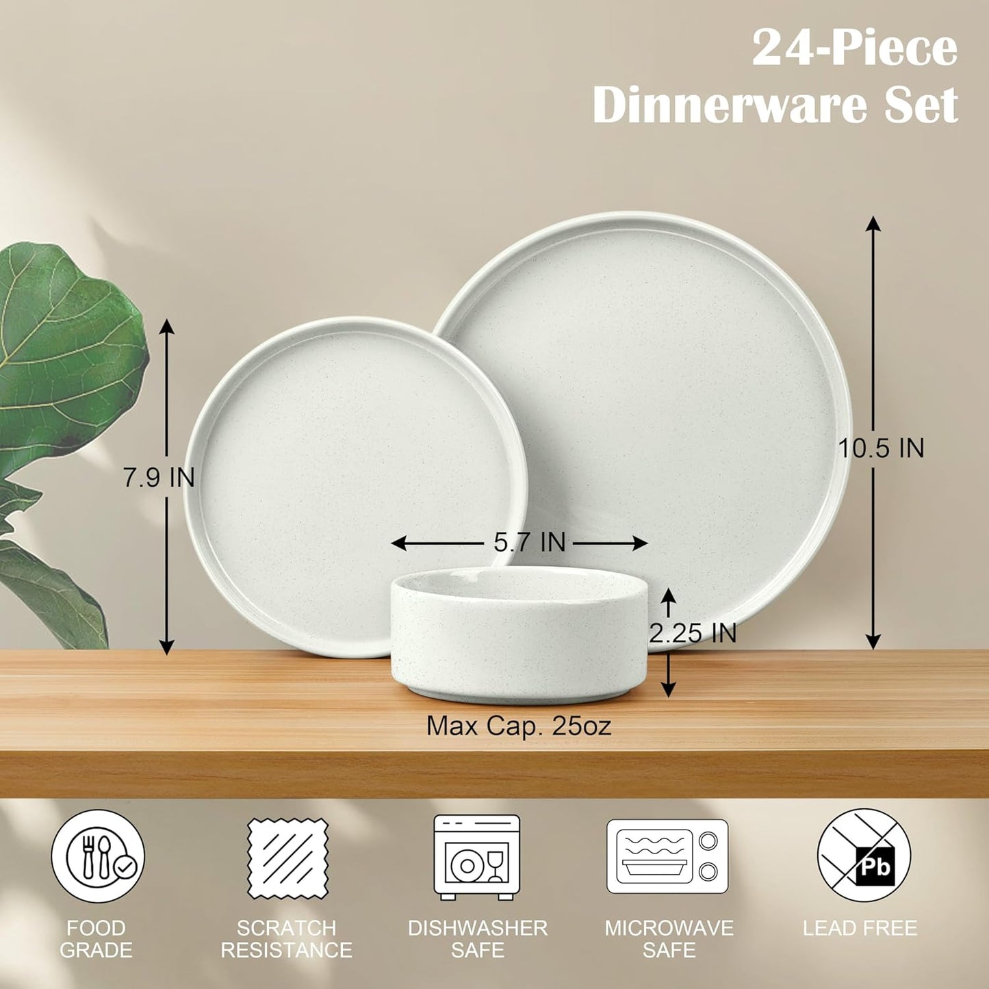 E-far Dinnerware Sets for 8, 24-Piece Stoneware Plates and Bowls Set, Modern Kitchen Dinning Dishware, Chip and Scratch Resistant, Microwave & Dishwasher Safe, Speckled White
